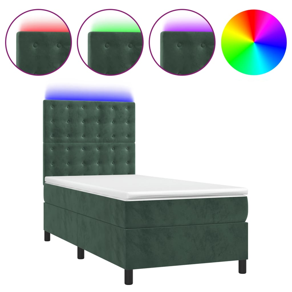 vidaXL sötétzöld bársony rugós és LED-es ágy matraccal 80 x 200 cm