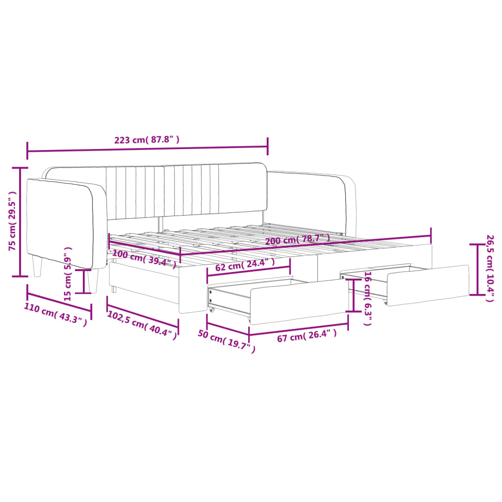 vidaXL világosszürke kihúzható bársony heverő fiókkal 100 x 200 cm