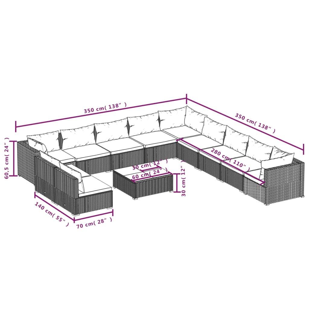 vidaXL 12 részes szürke polyrattan kerti ülőgarnitúra párnákkal