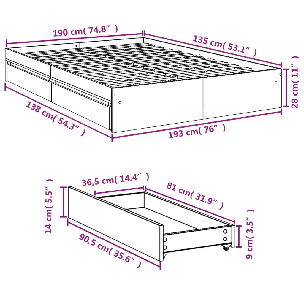 vidaXL fekete szerelt fa ágykeret fiókokkal 135 x 190 cm