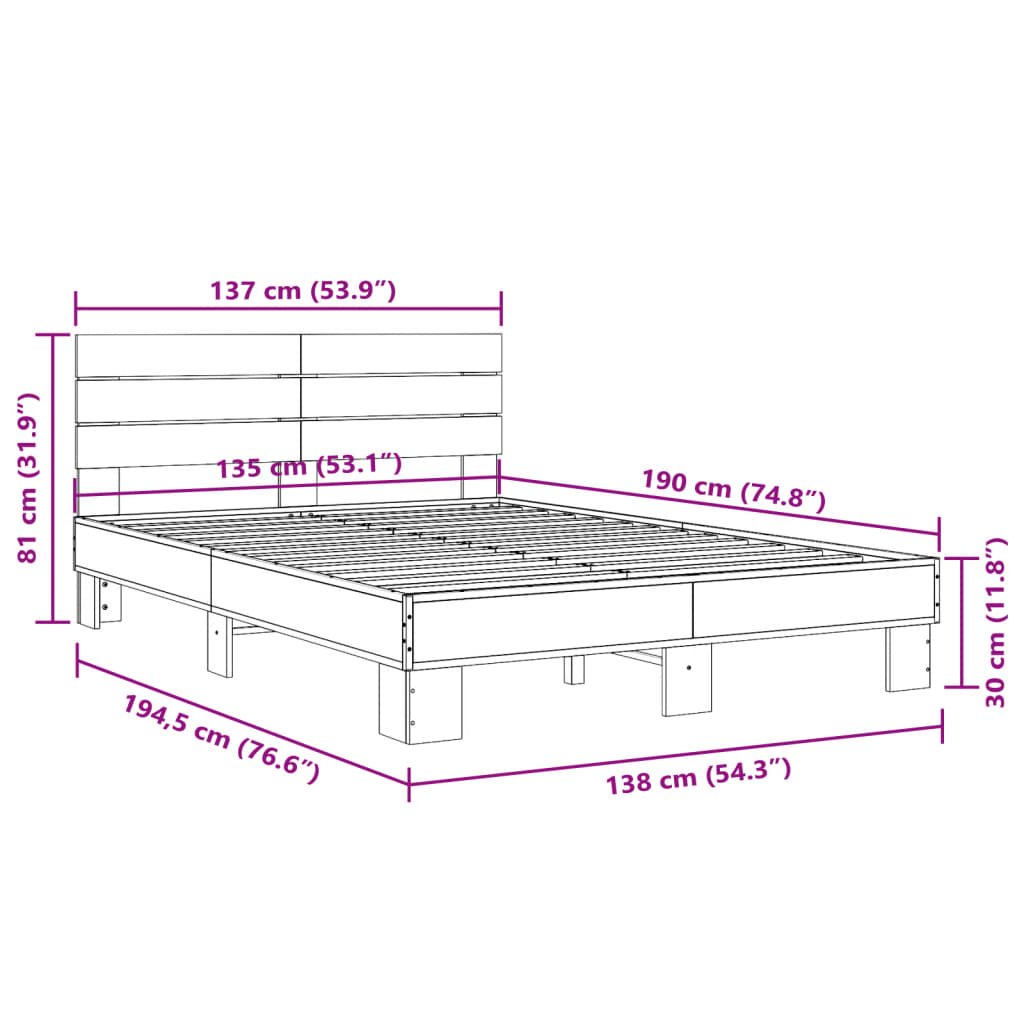 vidaXL barna tölgyszínű szerelt fa és fém ágykeret 135 x 190 cm