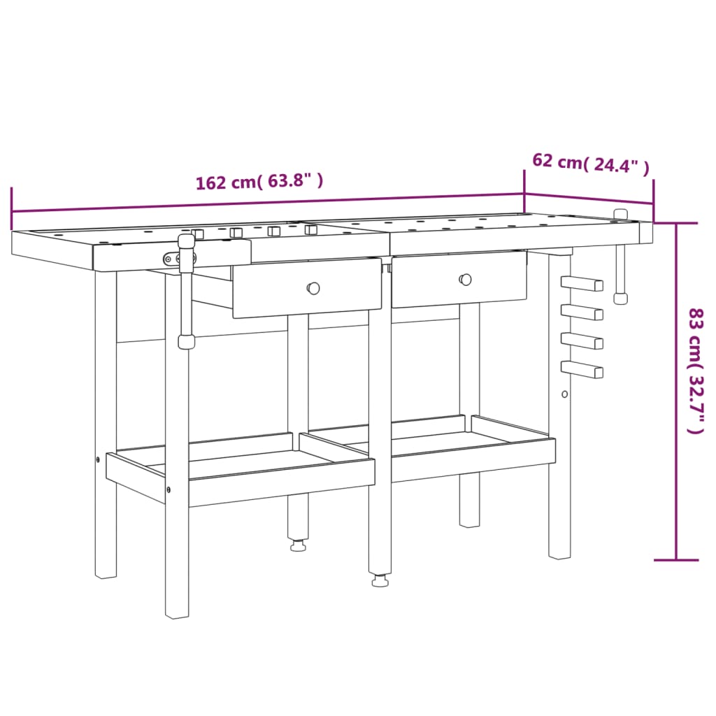 vidaXL tömör akácfa munkaasztal fiókokkal és satukkal 162 x 62 x 83 cm