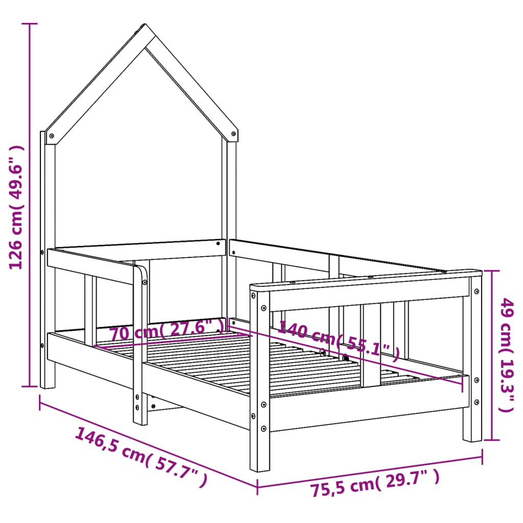 vidaXL fekete tömör fenyőfa gyerekágykeret 70 x 140 cm