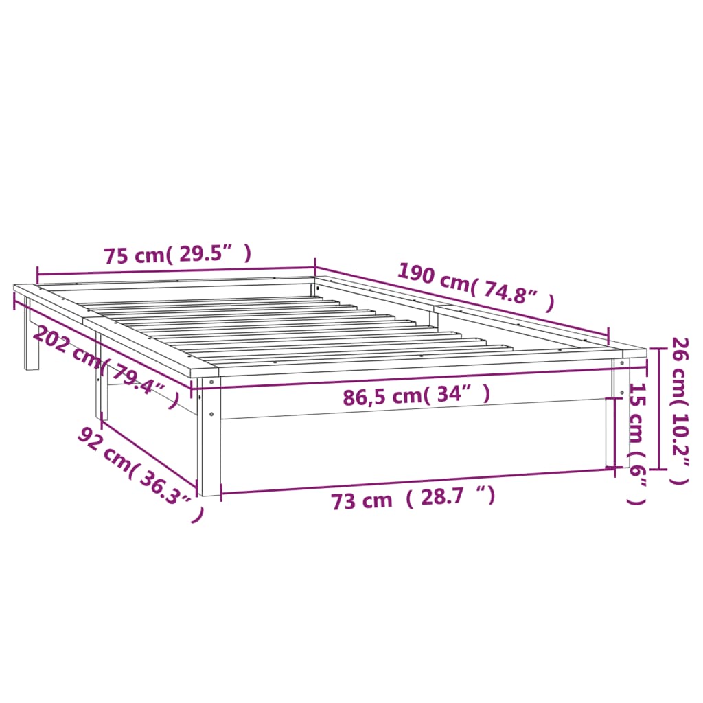 vidaXL kis egyszemélyes szürke tömör fa LED-es ágykeret 75 x 190 cm