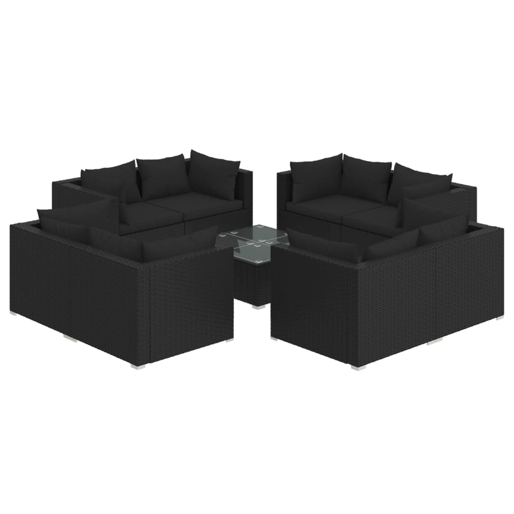 vidaXL 9 részes fekete polyrattan kerti ülőgarnitúra párnákkal